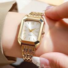 1 buc. Ceas de damă cu cuarț la modă, cu cadran pătrat simplu, carcasă placată cu aur de înaltă calitate, curea din oțel inoxidabil, potrivit pentru ziua de naștere, aniversare, cadou de Ziua Mamei