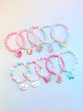 10pcs/Set Girls' Heart, Cloud, Bear, Butterfly Charm Bracelet, Colorful Beaded Jewelry Set, Suitable For Holiday Party Birthday Gift, Random Color