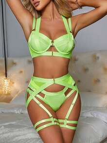 Woman's Sexy Lingerie Set Gathering Garter Belt With Steel Support Bra Flower Embroidery 3 PiecesSet - 綠色 - 查看 2