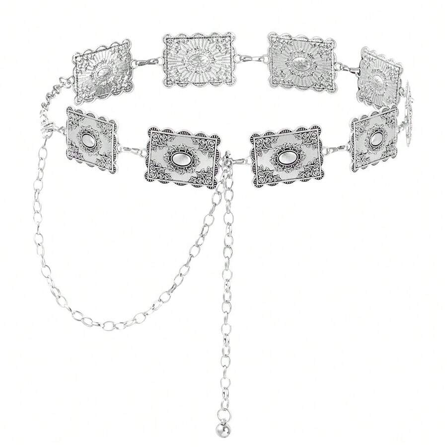 Metal Turquoises Belts Western Concho Belts For Women CowFgirl Waist Chain Belt For Dresses Jeans{Inchcolor_nameinch:InchSilverinch} - 銀色 - 查看 1