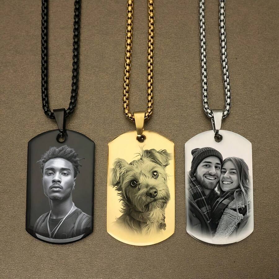 1pc Black Alloy Dog Tag Design Heart-Shaped Personalized Engraved Photo And Text Keychain - Unique Christmas And Pet Dog Gift For Men, Boyfriend And Family - Style 2 - View 1