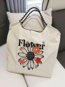 1 Stück Chrysanthemen-bestickter dicker Nylon Lässig Shopper, große Kapazität, geeignet für Einkaufen, Reisen, Pendeln, neue Herbst Damen Schulter Umhängetasche