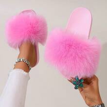 Women's Faux Fur Slides, Open Toe Cute Fur Slippers, Indoor Or Outdoor Comfortable Furry Slide Summer Sandals -Pink - Hồng - Xem 13