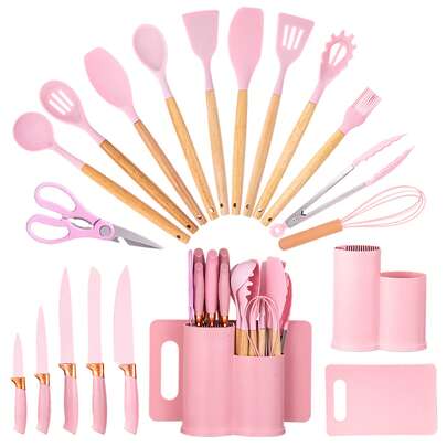 19pcs Silicone Kitchen Utensil Set With Wooden Handles, Heat-Resistant Non-Stick Cooking Tools, Includes Elegant Knives And Storage Organizer- Easy Cooking & Cleaning For Home And Kitchen
