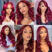 Peruca Frontal de Renda 34 polegadas 13*4 HD, Cabelo Misto Humano Borgonha - Densidade de 200% 99J# Ondas Corporais Coloridas - Linha do Cabelo e Cabelos Finos Pré-Aparados - Pronta para Usar Instantaneamente - Múltiplos Tamanhos Perfeitos para Uso Diário de Mulheres