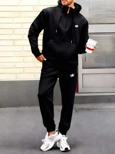 Men's Geometric Print Drawstring Long Sleeve Hoodie And Pants Casual Suit