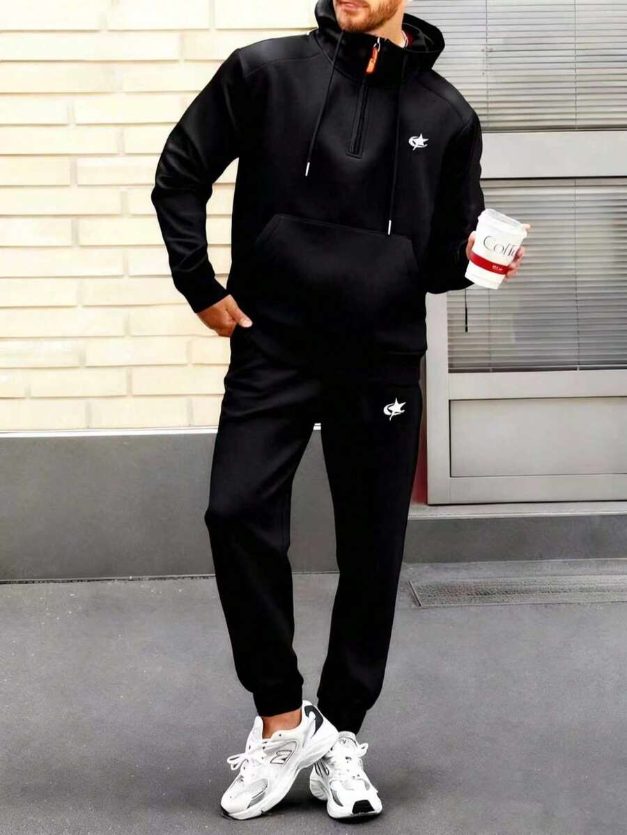 Men's Geometric Print Drawstring Long Sleeve Hoodie And Pants Casual Suit