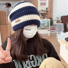 2pcs Loose Fit Ear Muff Hats - Elastic Warm Winter Windproof Cycling Cap, Suitable For Daily And Special Occasions - Navy Blue/White/Gray/Striped Colors - Hand Wash Only, Retro Aesthetic, Fitted Design, Unisex, Fashionable Headwear - Multicolor - View 3