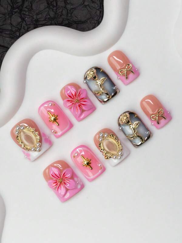 10pcs/Set Handmade Square Nail Tips, Y2K Baddie Style, Nude, Pink, Silver Color With French Edge, Carved Flower, Rose, Bow, Gemstone, Star Elements, Suitable For Party, Wedding, Daily Wear, Comes With Tool Kit, Great Gift For Women And Girls