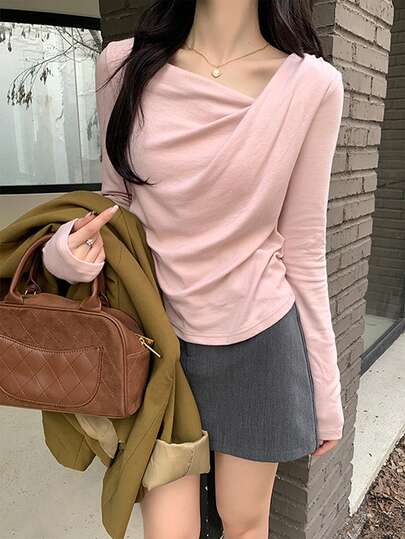 Korean Style Soft Cashmere Long Sleeve T-Shirt For Women, Asymmetrical Twist Pleated Design, Slimming, Autumn