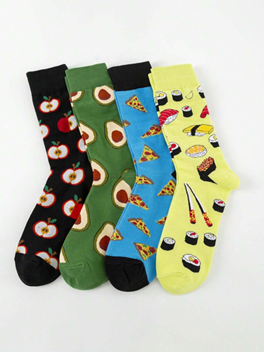 4 Paar Herren bunte Socken, mit lebendigen Lebensmittel-Prints, bequeme Freizeitsocken, europäischer und amerikanischer Straßen-Stil Knöchelsocken