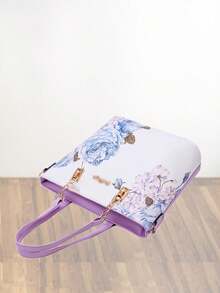 Complete Handbag Set For Women Floral Print Tote Bags PU Leather Top Handle Satchel For Mom - Màu tím - Xem 5