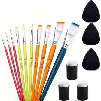 Komplettes Malset: 10 Stücke sortierte Pinsel + 3 Stücke Tropfen-Schwammpinsel + 3 Stücke Daumenmanschetten, vielseitig für Aquarell, Acryl, Öl, Gouache & Tinte - perfekt für Künstler, Anfänger & Hobbykünstler mit verschiedenen Pinselformen/-größen für detaillierte und breite Pinselstriche