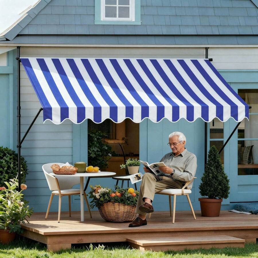 LILIIN Clamp Awning For Balcony 200/250/300/350cm Wide - Awning With Hand Crank, Height-Adjustable Balcony Awning Without Drilling, UV Protection, Sun Protection, Weatherproof (200/250/300/350 X 120cm, Grey-White/Blue-White) - Blue and White - View 1