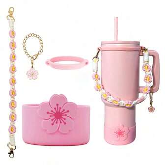 1 Set Floral Cup Strap, Begonia Flower Cup Sleeve, Cup Chain, Water Bottle Accessories Set, Cute Portable Flower Sports Water Bottle Accessories, Suitable For Office, Sports, Fitness, Running, Birthday Gift, Compatible With Stanley 20-40oz