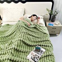 1pc Thick, Oversized Drawstring Cutout Faux Rabbit Fur Plush Milk Plush Flannel Blanket. Soft Fur, Double-Sided Warmth, Multipurpose Use. Suitable For Office Naps, Sofa, Travel, Air Conditioning, All-Season, Whole Family Use. - Green - View 4
