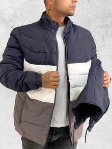 Bobojaco Windbreaker Jacket Striped Two-Tone Lined Waterproof With Removable Cap Winter Spring / Autumn Regular Fit Drawstring Pocket Zipper - Navy Blue - View 3