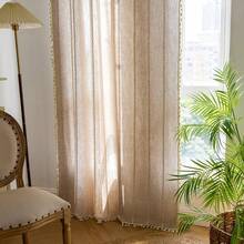 Boho Curtains 84 Inches Long Bedroom, Taupe Cotton Linen White Stripes Embroidery, Chic Hollow Geometric, Semi Blackout Window Vintage Drape With Tassels, 1 Panel W52 X L84, Fashionable Home Decor - 自然的 - 查看 9
