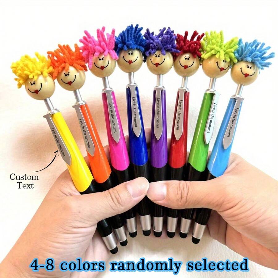 Pix cu bilă personalizat cu mop, pix decorativ cu cap de mop distractiv cu păr pufos pentru scris și clic, pix portabil drăguț cu desene animate multifuncțional cu semnătură, cu buton cu cap de păpușă de pluș, față zâmbitoare, pix tactil cadou, pix de scris, sezonul înapoi la școală