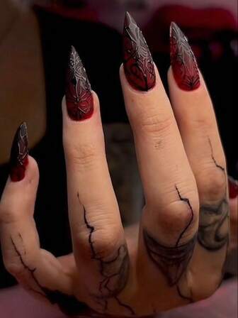 24 Christmas Nail Pieces, Luxurious, Sweet, Cool, High-End Design With Embossed Texture And Snowflake Embellishment - Black And Burgundy Contrasting Splicing - Almond Shaped Short Wearing Armor Suitable For Girls And Ladies. Gift Includes Jelly Glue And Nail Files