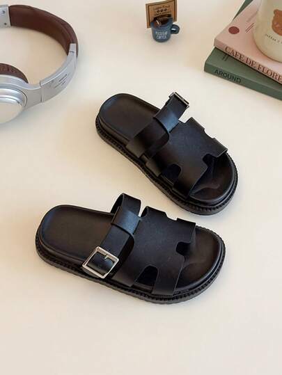 1 Pair Of Boys' Sandals, Metal Buckle Decoration, PU Leather Material, Comfortable And Easy To Walk, Toe Exposed Low Cut, No Strap (Slipper Design), Flat Hele, Trendy Casual Style Slippers, Suitable For Summer Home And Outdoor Play
