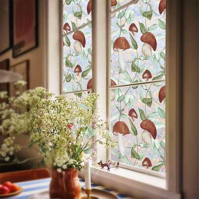 1pc Colorful Mushroom Pattern Glass Sticker, PVC Window Film, Opaque UV Protection Privacy Glass Sticker For Bedroom, Living Room, Kitchen, Door, Window Decoration, Bathroom Window Anti-Peeping Film