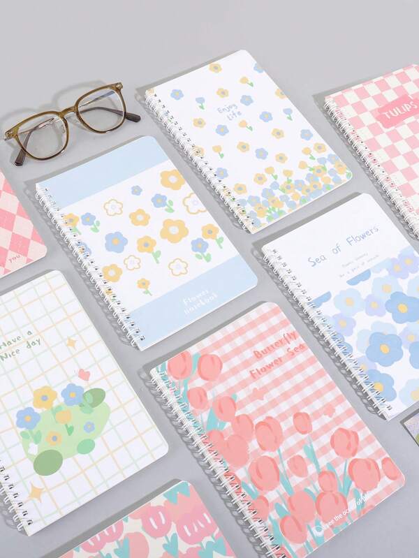4 piezas/paquete Cuaderno con patrón floral exquisito tamaño A5, con espiral, cuaderno de moda para tomar notas de estudio, actas de reuniones de oficina, regalos especiales para amigos