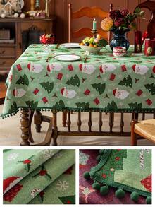 1pc Christmas Jacquard Tablecloth, Christmas Tree Pattern With Pom Pom Trim, Adorable Christmas Style Polyester Tablecloth, Suitable For Living Room, Dining Room, Party, Home Decor, Room Decor, Tabletop Decor And Holiday Gift, Multiple Sizes Available, Suitable For All Seasons - Green - View 9
