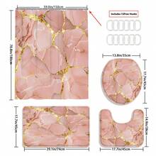 1/3/4 件粉色大理石图案现代浴帘浴室套装，防水耐磨配件，带 12 个挂钩 - 包括马桶座套、浴垫和地毯 - 非涤纶面料 - 可水洗 - 非常适合节日装饰、家居/卧室/房屋/西方装饰， - 彩色 - 查看 15