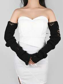 1 paire de manchettes tricotées à poils longs et déchirées pour femme, mitaines à la mode et polyvalentes de couleur unie pour l'automne/hiver