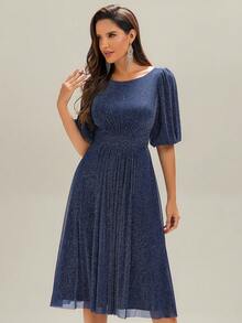 EVERPRETTY Vestido de fiesta midi con cuello redondo, manga obispo, tela de punto brillante y detalle fruncido, color azul marino, adecuado para invitados de boda y cenas formales