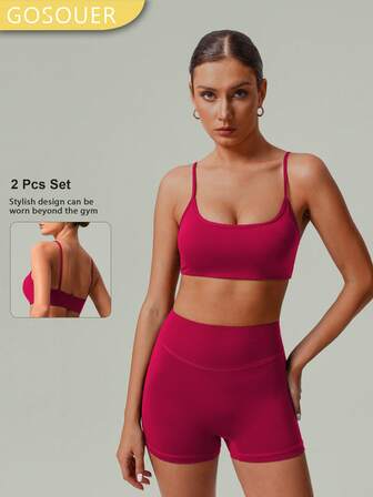 GOSOUER 2 PCS CO Ord Set Women's Classic Spaghetti Strap Backless Sports Bra And High Waist Deep V Butt Lift Line Running Fitness Cycling Short