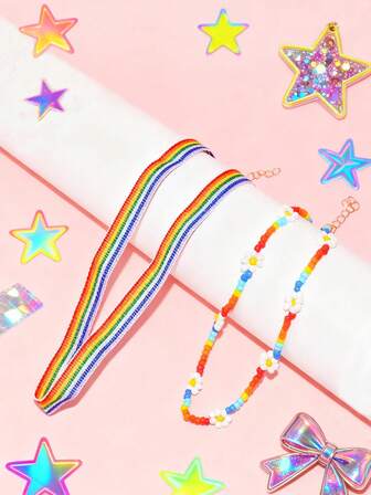 2 Stücke/Set Mädchen süßer Y2K Stil Blumen Perlen Halskette, bunte kurze Perlen Choker Halskette, geeignet für Festivals, Partys, Dates