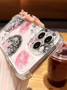 1 件复古时尚甜美迪斯科球、粉色嘴唇、蝴蝶结、星星图案透明防滑防摔软手机壳，兼容 Applepung - 彩色 - 查看 3