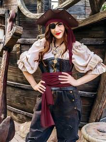 5/6 Pcs Pirate Costume Accessories Set For Women Men, Pirate Fancy Dress With Hat Bandana Head Scarf Sash Eye Patch Belt Necklace Bracelet For Cosplay Party