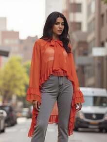 Women's Ruffled Tops Bow Tie Design Stylish Solid See Through Loose Fit V Neck Long Sleeve Blouses Perfect For Summer - Orange-red - View 9