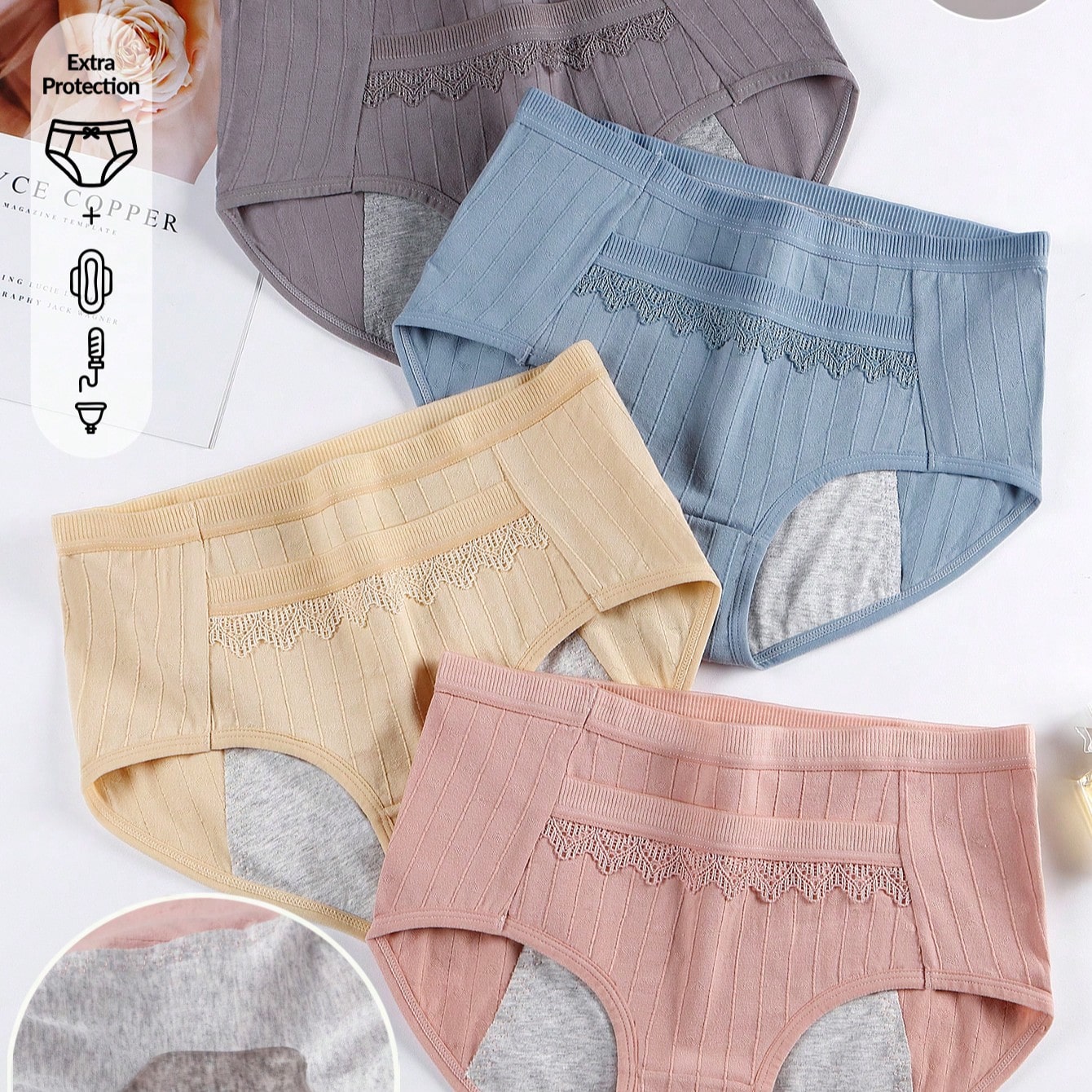 Piezas Bragas femeninas de cintura media de algodón para flujo menstrual, pantalones triangulares con bolsillo para adolescentes y damas