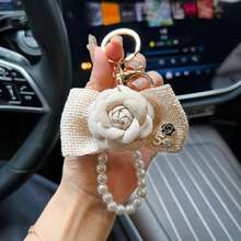 Cuerda de perlas creativa, llavero de camelia, lazo, bolso de tela, colgante de llavero, dije de coche de moda - BLANCO - Ver 5