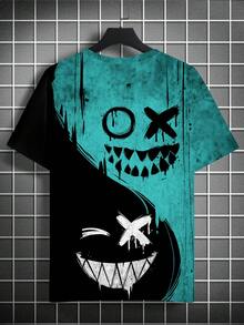Men's Gothic Face Print Round Neck Short Sleeve Casual T-Shirt, Summer - Blue - View 2