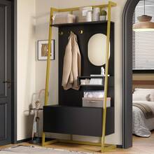 Modern Minimalist Compact Wardrobe, Open Multifunctional Storage Cabinet With Mirror, Metal Hooks, Clothes Rack With Shoe Bench, Closet, Shoe Storage, Clothes Rack. - 黑色+中密度纖維板 - 查看 11