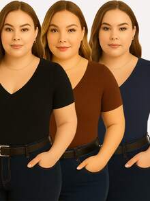 Kit With 3 Basic Women's Plus Size V-Neck Blouses - negro/marrón/azul marino - Ver 1