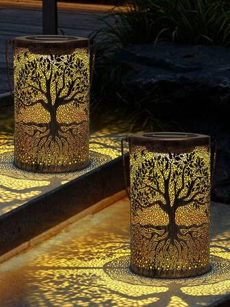 1Pc Tree Of Life Solar Lantern - Waterproof LED Garden Light, Outdoor Hanging Or Standing Metal Decorative Lantern With Solar Charging, Perfect For Patio, Lawn, Pathway & Backyard - 600mAh Battery, No Remote Control