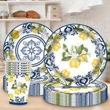 10/20/50 piezas, platos y vasos de papel con diseño de flores azul y blanco y limón - ideal para el Día de San Valentín, Día de la Madre, Día del Padre, graduación y fiestas de cumpleaños - vajilla festiva con patrones florales y de limón, suministros para fiestas con tema de limón, platos de papel de 9" y vasos de papel de 7" con tema de limón y frutas cítricas - Multicolor - Ver 4