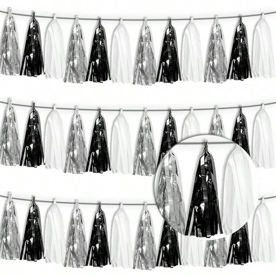 3P Metallic Fringe Tassel Banner Garland Foil Tinsel Streamer Wall Hanging Curtain Backdrop Banner For Parade Floats, Graduation Decorations, Father's Day Party Decoration(Silver)Halloween Christmas New Year - 黑色 銀色 白色 - 查看 1