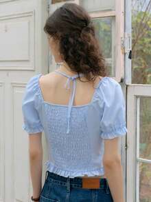 Simple Retro Women's Summer Casual Cute Ruffle Bow Blouse - Blue - View 3