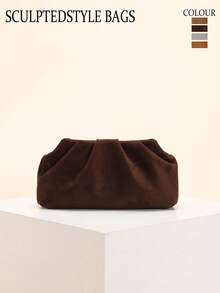 1 件高品质复古仿麂皮褶皱手拿包，优雅梅拉德风格女士皮革钱包，简约欧美时尚链条单肩斜挎包，秋冬 - 彩色 - 查看 1