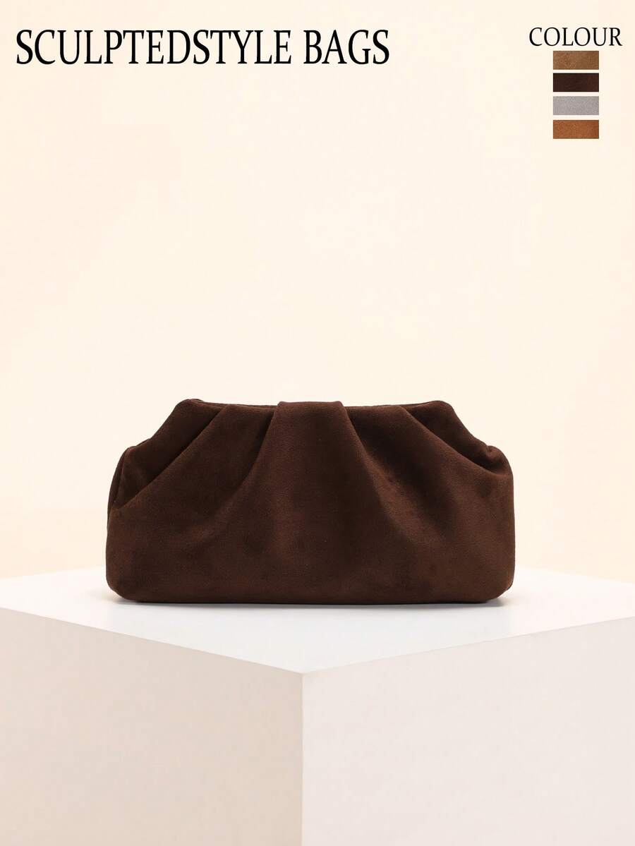 1 件高品质复古仿麂皮褶皱手拿包，优雅梅拉德风格女士皮革钱包，简约欧美时尚链条单肩斜挎包，秋冬 - 彩色 - 查看 1