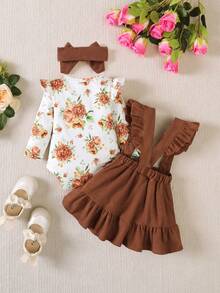 BrownBark 3件套女婴优雅可爱家居服套装，包括舒适圆领荷叶袖碎花连体衣、纯色背带裙和发带，适合春秋季、休闲、校园、户外、街头风格、居家穿着。 - 棕色 - 查看 8
