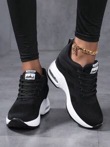 Women's Hidden Wedges Platform Sneakers - High Top Lace Up Black Shoes, Lightweight & Breathable Mesh, Athletic Walking Shoes With High Heel, All-Season Comfort - Black and White - View 4