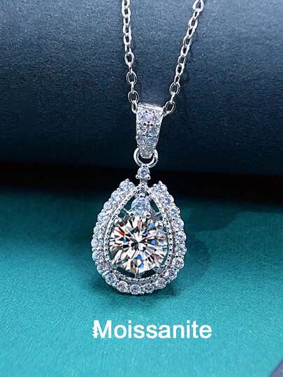 1pc Luxury 925 Sterling Silver 1 Carat 6.5mm Moissanite Pendant Necklace, Suitable For Women's Daily Commute, Party, Vacation, Wedding, Valentine's Day, Mother's Day, Birthday, New Year, Women's Jewelry Gift